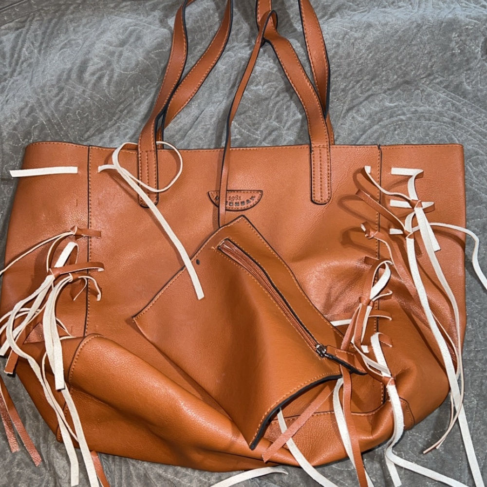 Union Bay Cognac Brown Fringe Tote Bag w/ Matching Pouch | Cream Interior | Exce